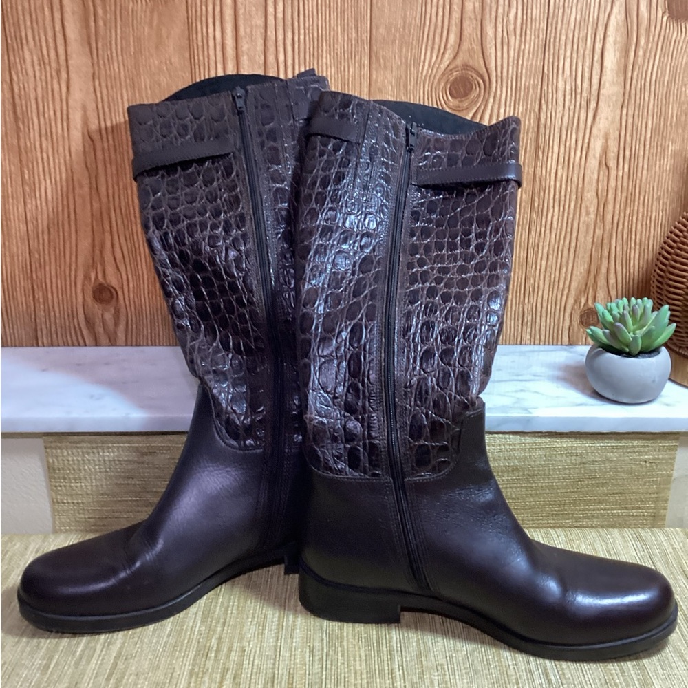 Clarks Hopedale Dark Brown Croc-Embossed Leather Heeled Boots